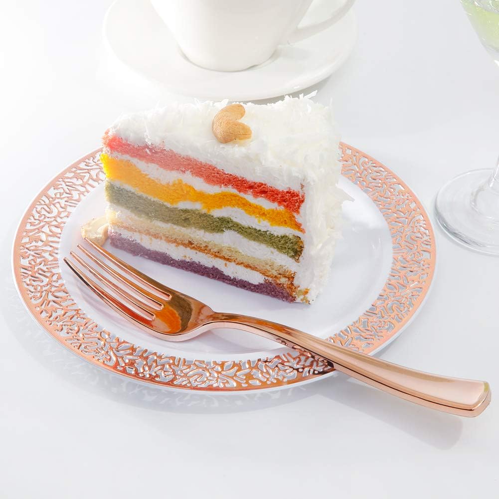 WDF 200 Pieces Rose Gold Dessert Plates with Forks, 100Pcs Lace Design Cake Small Rose Gold Appetizer Plates 7.5" and 100 Pcs Forks 7.4" for Wedding/Party