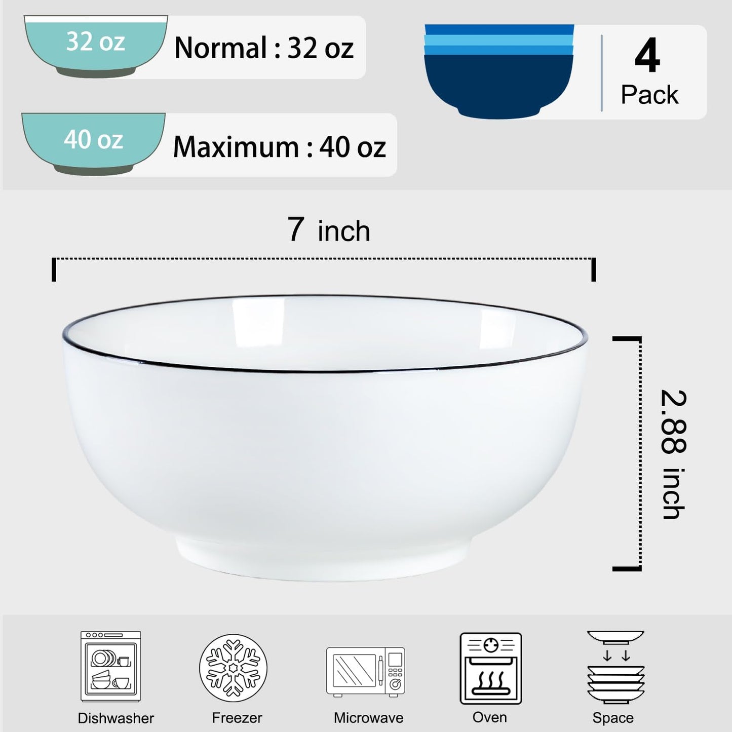 40 oz Large Soup Bowl, Pho Bowls, 7-Inch Rimmed Off-White Porcelain Bowls Set of 4