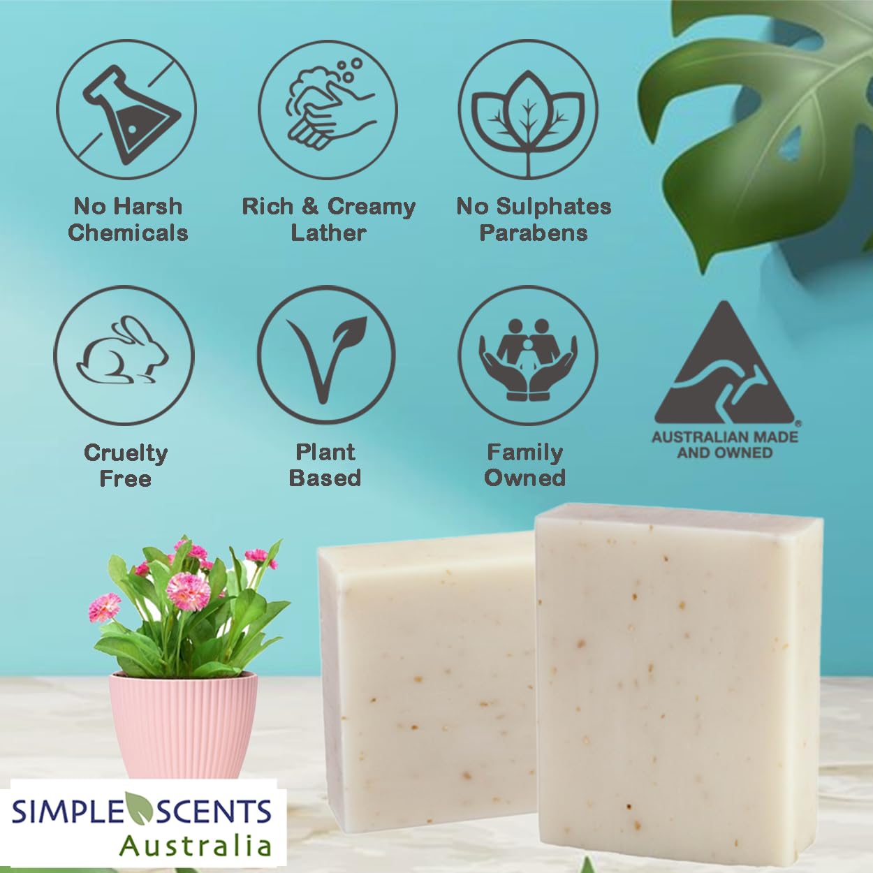 Simple Scents Australia Oatmeal & Bran Scented Natural Soap Bars (12 Bars), 3.5oz Moisturizing French Triple Milled Soap Bars Enriched with Shea Butter - Pure Plant Oil Bath & Body Bars