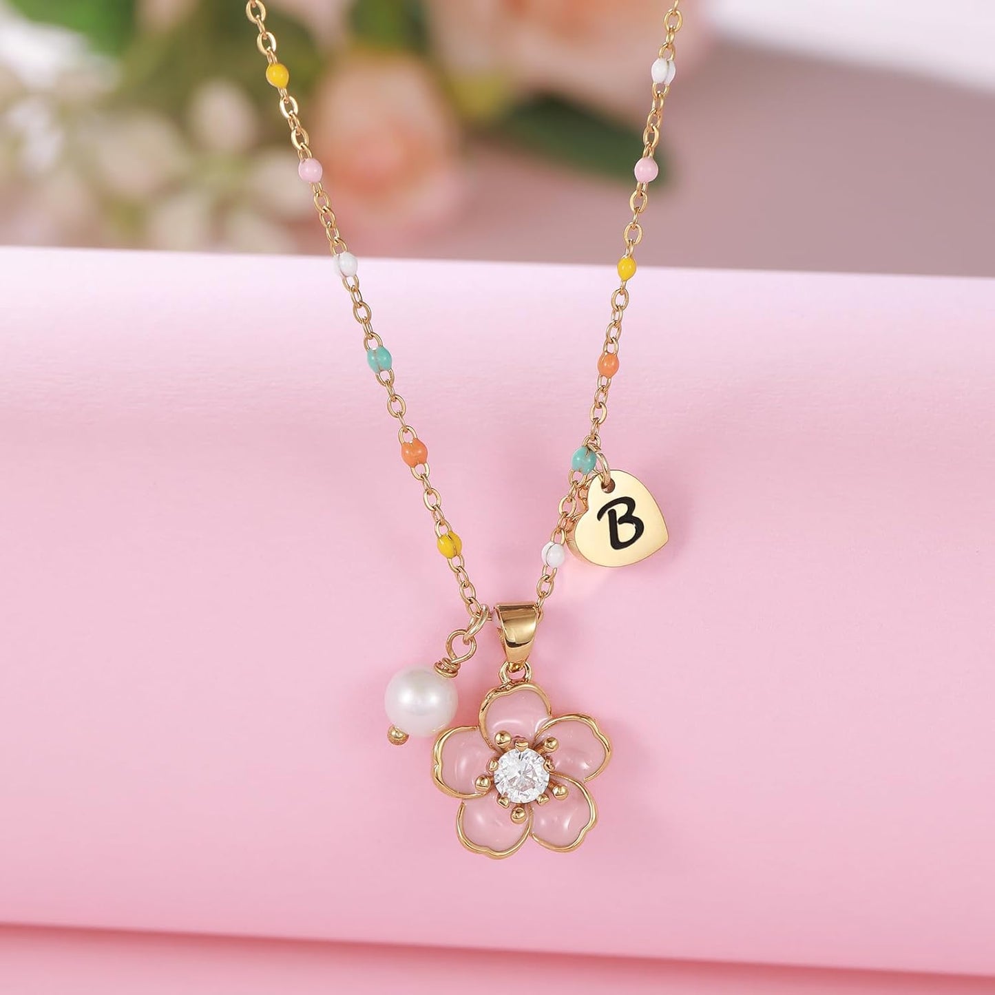 DS Flower Girl Necklace Gifts |Heart Initial Letter Flower Necklaces with Pearl Charm for Women | Personalized Wedding Proposal Bridal Shower Party Jewelry Gift | 18K Gold Plated Stainless Steel