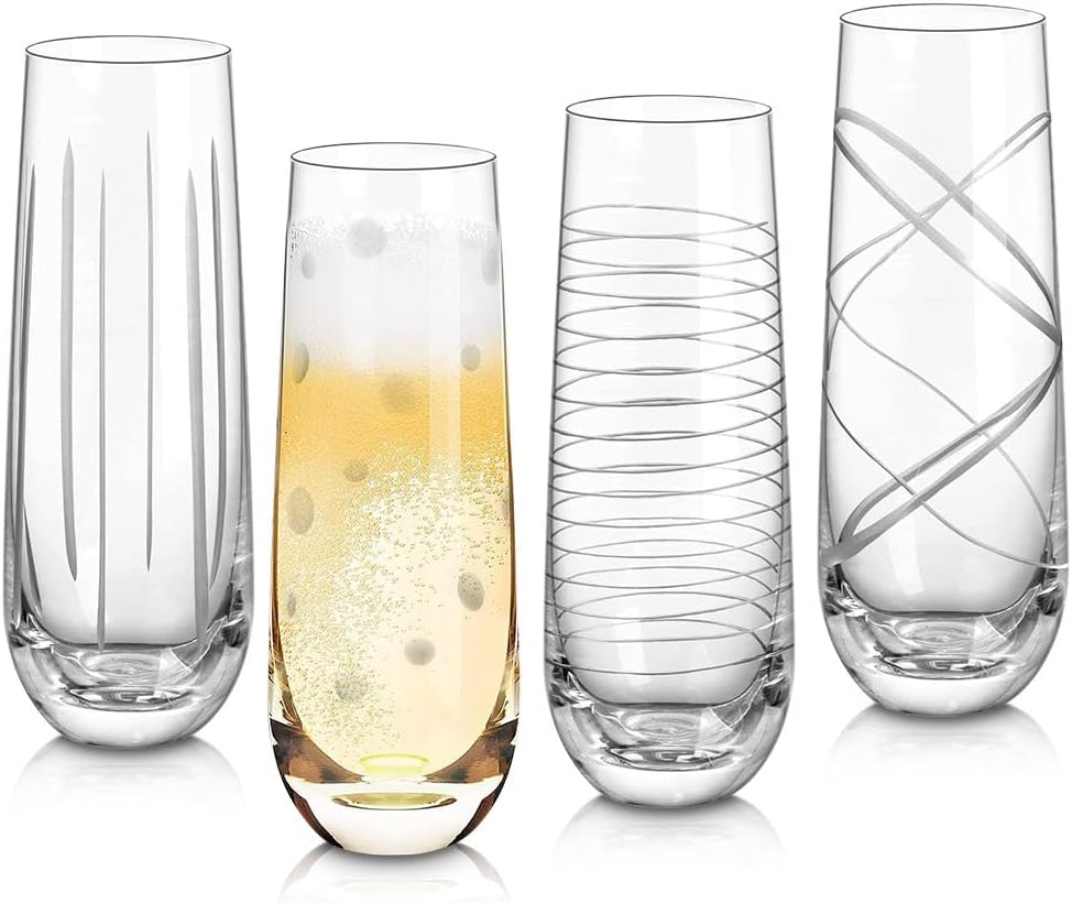 Joeyan Etched Champagne Flutes Glasses Cups,Handmade Mouth Blown Aesthetics Glassware Art Decoration,Home Bar Essentials,Gifts for Wedding Anniversary Daily Use,Set of 4,9.8 oz,Dishwasher Safe
