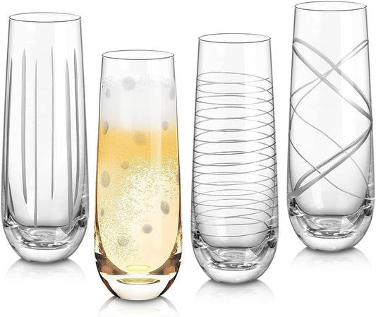 Joeyan Etched Champagne Flutes Glasses Cups,Handmade Mouth Blown Aesthetics Glassware Art Decoration,Home Bar Essentials,Gifts for Wedding Anniversary Daily Use,Set of 4,9.8 oz,Dishwasher Safe