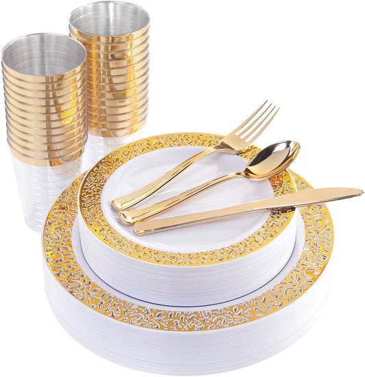 WELLIFE 175 PCS Gold Plastic Plates, Gold Rim Plastic Dinnerware Set, Includes: 25 Dinner plates, 25 Salad Plates, 25 Tumblers 9oz, 50 Forks, 25 Knives and 25 Spoons for Party