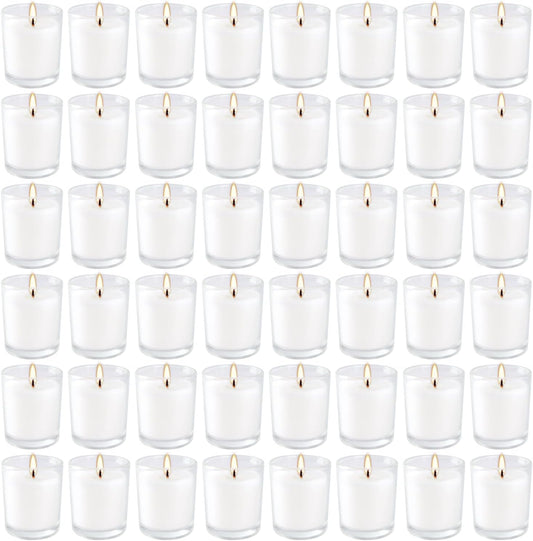 48 Pack White Unscented Clear Glass Filled Votive Candles. Hand Poured Wax Candle Ideal Gifts for Home Décor Parties Weddings Holidays and Meditation (White)