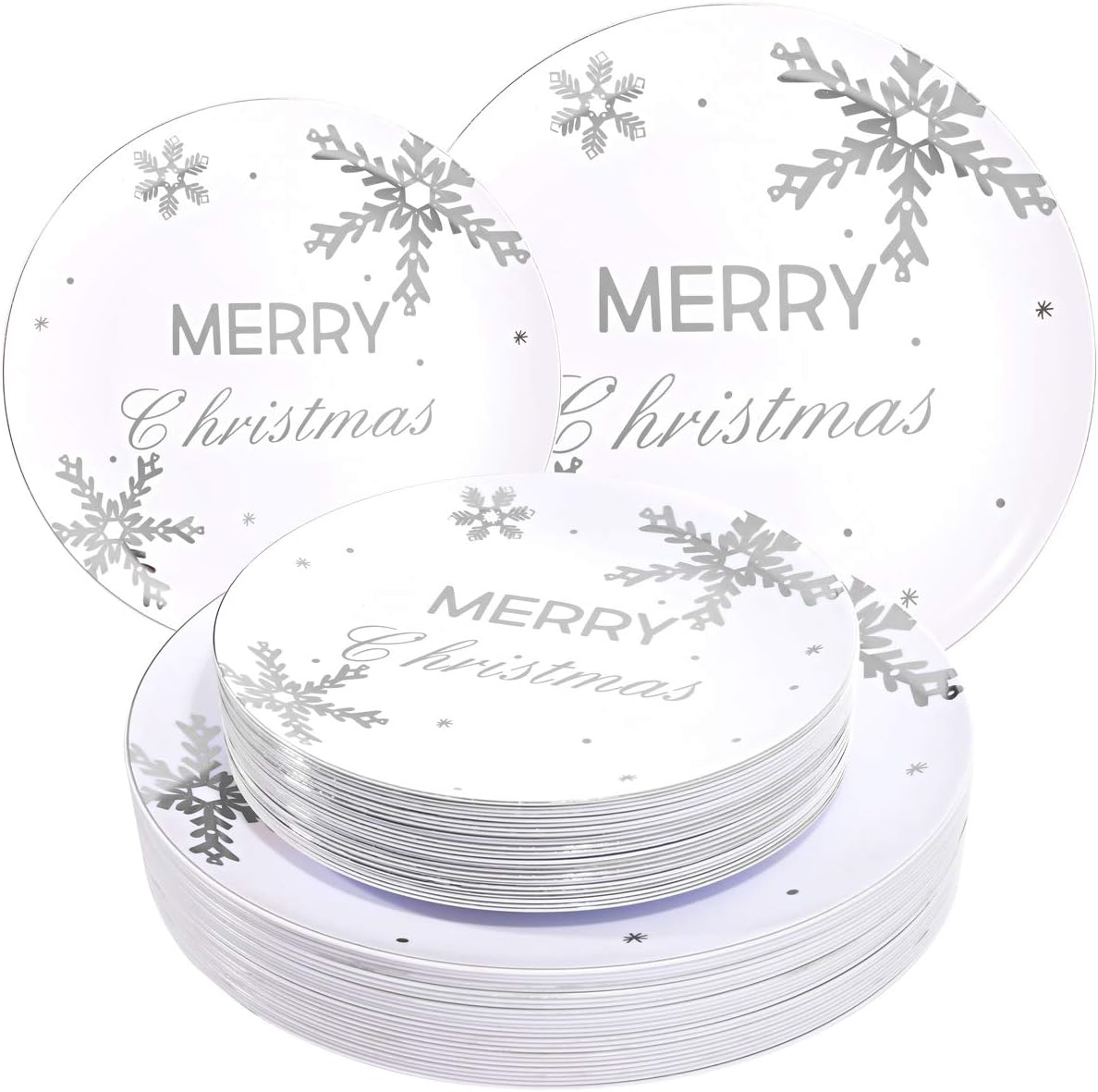 WDF 50Pieces Christmas Silver Plastic Plates- Snowflake Plastic Plates-Heavyweight White and Silver Disposable Plates for Christmas