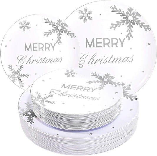 WDF 50Pieces Christmas Silver Plastic Plates- Snowflake Plastic Plates-Heavyweight White and Silver Disposable Plates for Christmas