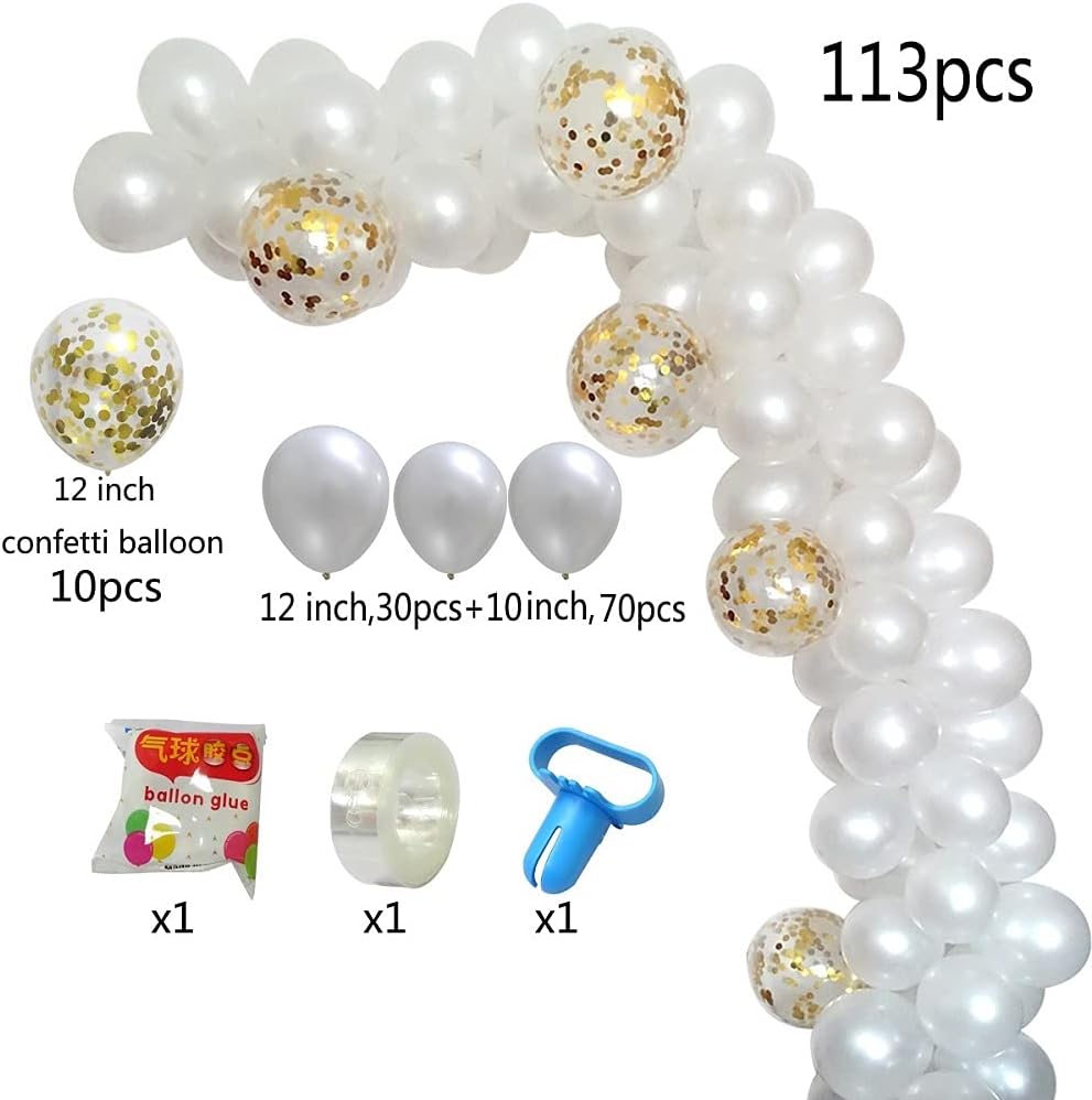 DIY Balloon Arch & Garland kit, 113Pcs White Party Balloons Decoration Set, Gold Confetti Balloons & White Latex Balloons for Baby Shower, Wedding, Birthday, Graduation, Anniversary Organic Party