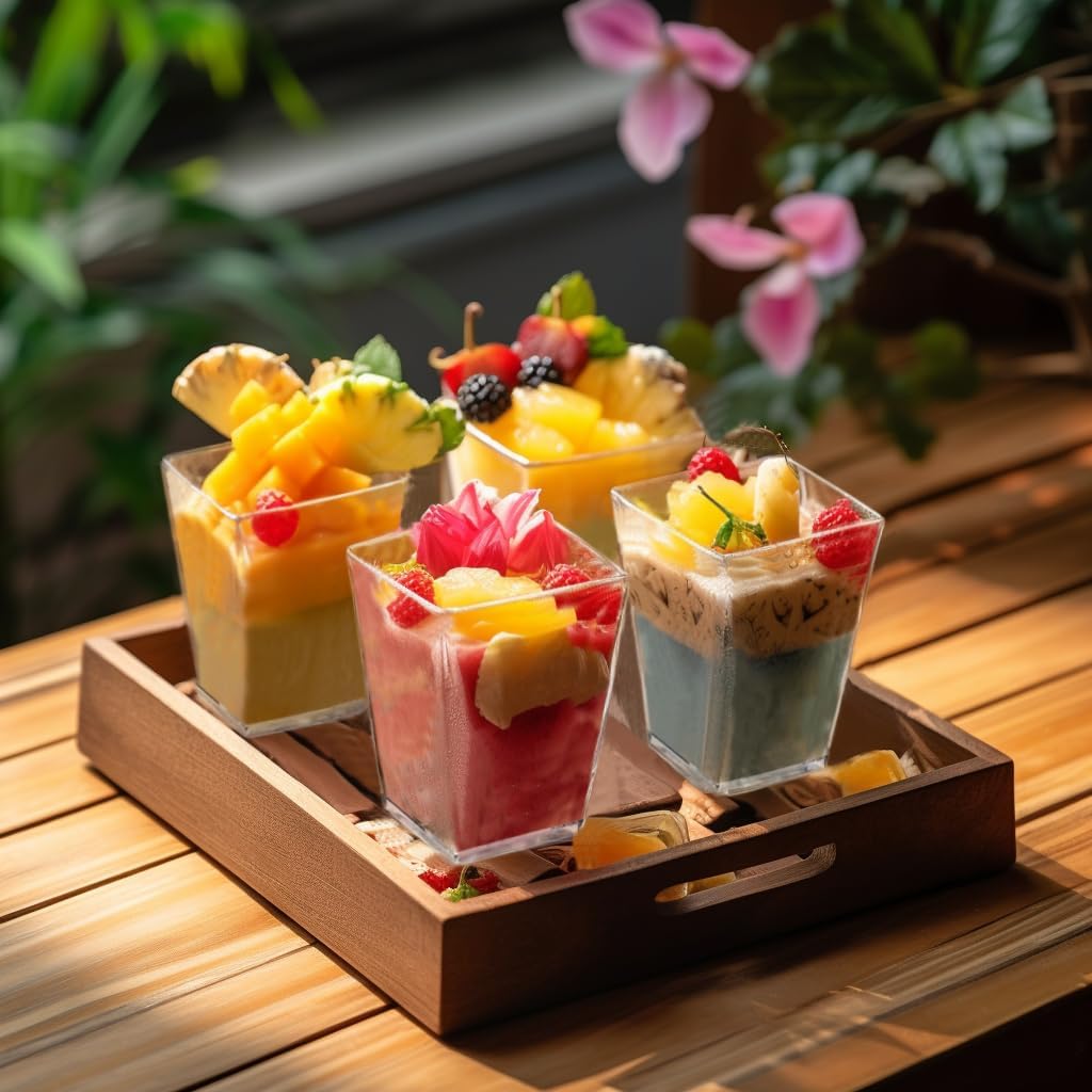 30Pack 5oz Plastic Dessert Cups with Lids and Spoons, Square Clear Parfait Appetizer Cups, Mini Reusable Shooter Serving Cups, Party Dessert Shot Glasses for Tasting