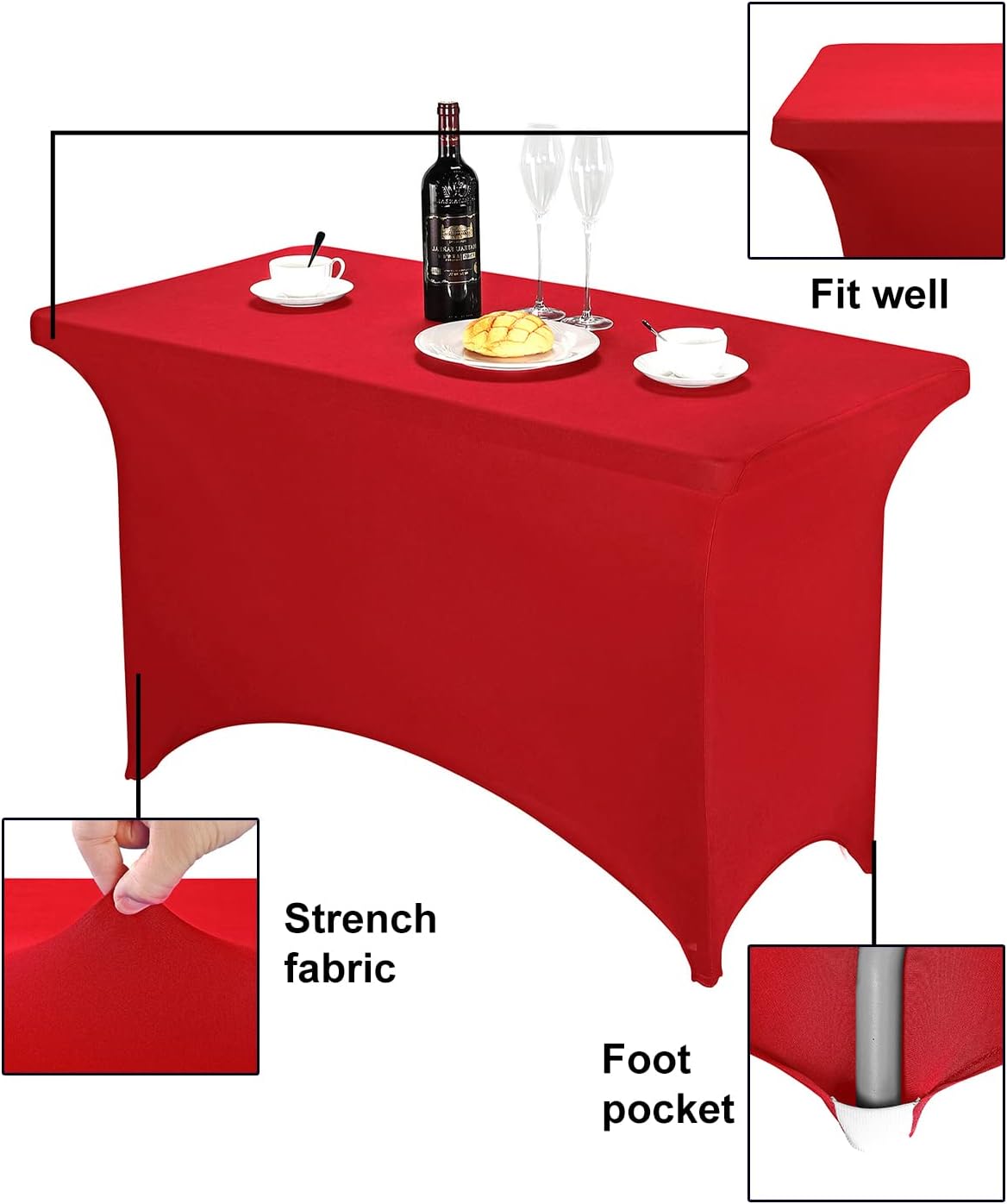 FORLIFE Spandex Table Cover - Fitted 4ft Rectangular Tablecloth, Stretch Patio Cover, Universal for Wedding, Banquet, Party (Red)