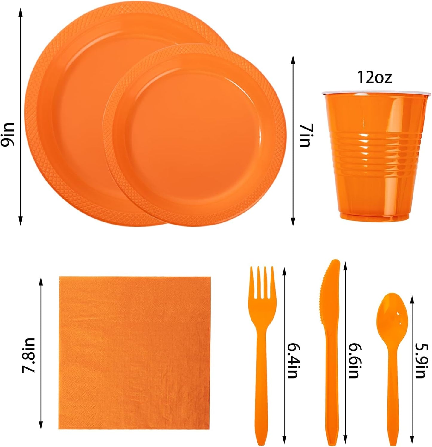 WELLIFE 210Pcs Orange Disposable Plates,Thanksgiving Plastic Plates,Includes: Orange Plates,Disposable Cutlery,12OZ Cups and Napkins Serve 30 Guests,Plastic Dinnerware Set for Thanksgiving
