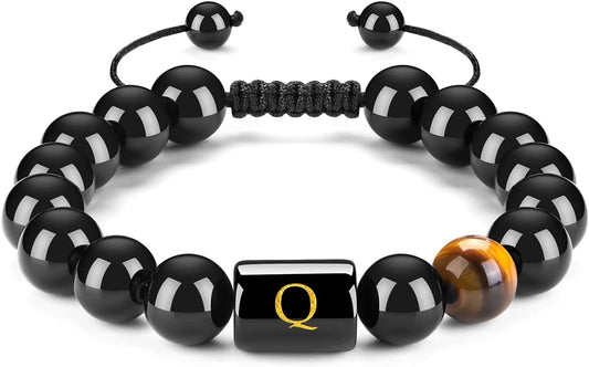 FRG Initials Bracelets for Men Letter Link Handmade Natural Black Onyx Tiger Eye Stone Beads Braided Rope Meaningful Bracelet