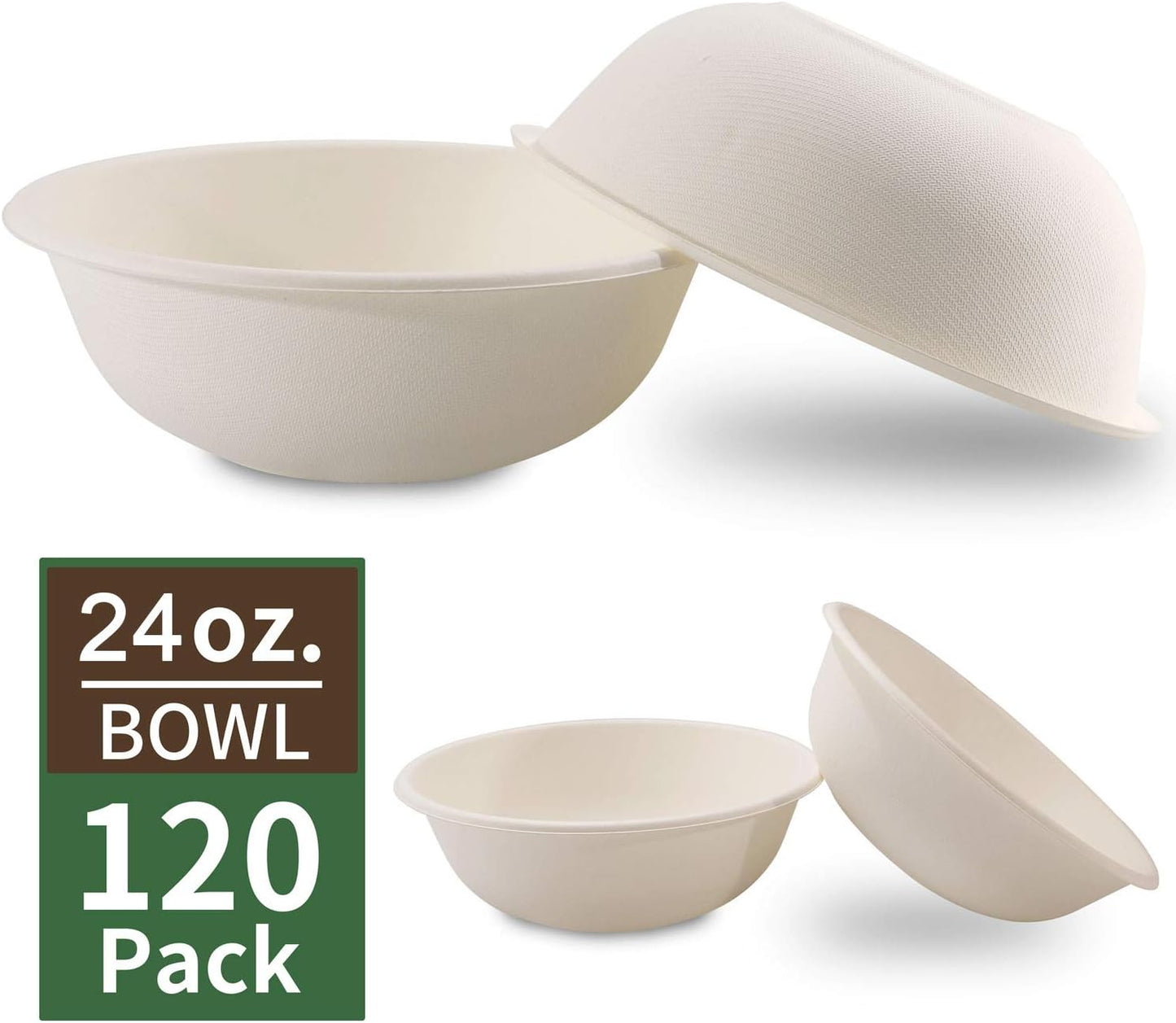 Nervure 120 Pack Biodegradable Paper Bowls - 24 oz. Compostable Disposable Bowls Made by 100% Sugar Cane Fibers - Perfect for Cereal, Salads and Soups
