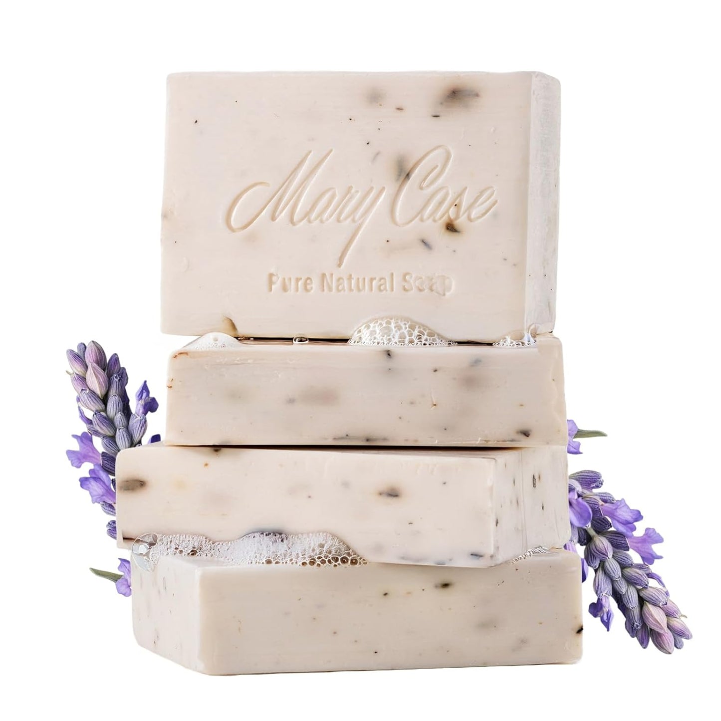Mary Case All Natural Bar Soap for Men & Women (Set of 4) - Body Soaps with Olive, Coconut, Lavender Oils & Dried Lavender Flowers - Vegan Bath Soap Bars for Gentle Cleansing & Hydrating Skin