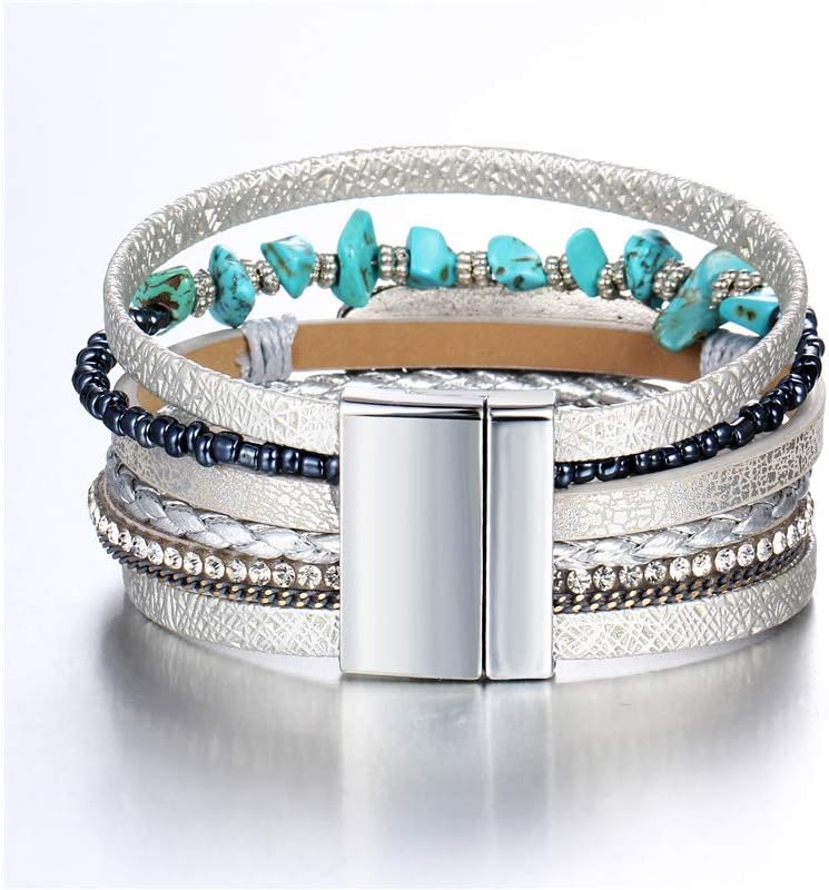 Fesciory Leopard Bracelet for Women, Boho Leather Wrap Multi-Layer Pearl Crystal Bracelet Bangle Jewelry