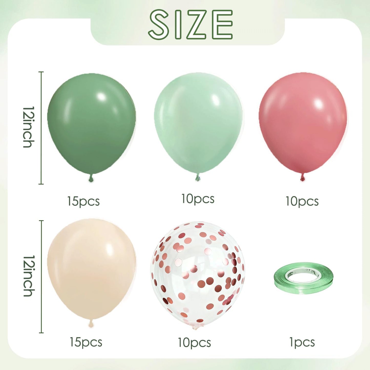 Sage Green and Dusty Pink Balloons,60pcs 12 Inch Avocado Green Sand White Rose Gold Confetti Balloons, Blush Pink for Birthday Wedding Garden Tea Party Baby Shower Decorations