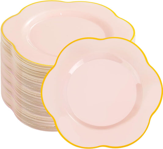 Liacere 100PCS Pink Dessert Plastic Plates - 7inch Disposable Floral Pink Gold Appetizer Cake Small Plates - Perfect for Wedding & Party & Holiday & &Baby Show