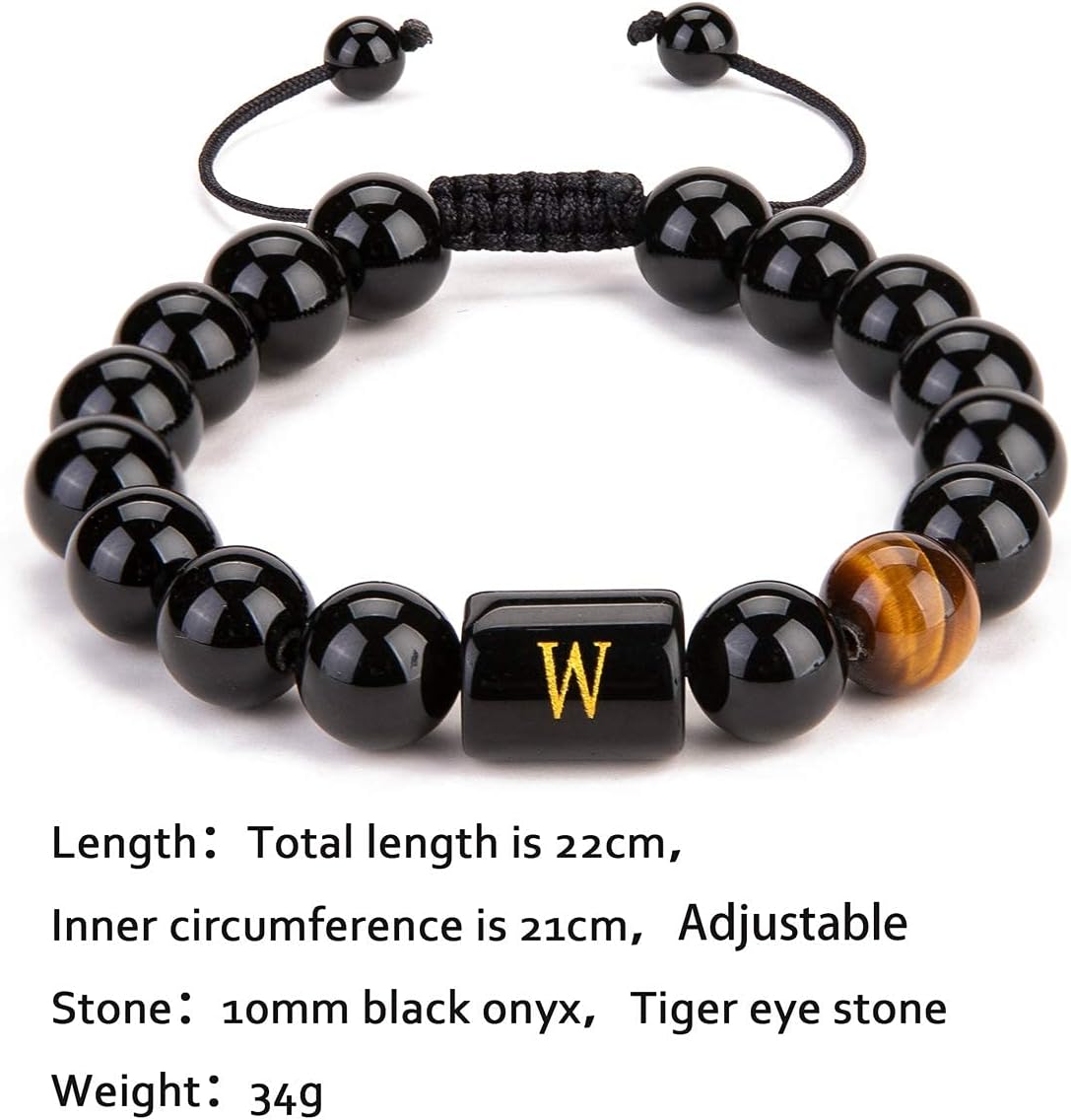 FRG Initials Bracelets for Men Letter Link Handmade Natural Black Onyx Tiger Eye Stone Beads Braided Rope Meaningful Bracelet