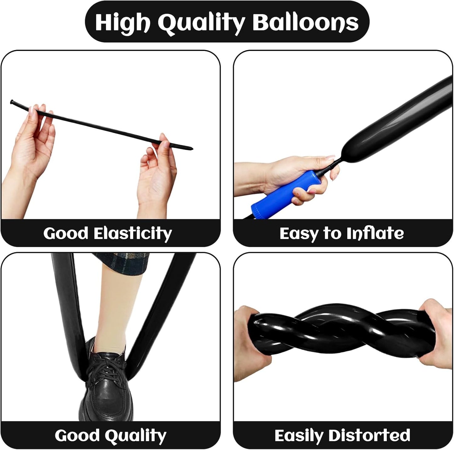 KAWKALSH 260 Black Long Balloons for Balloon Garland Thickening Skinny Latex Twisting Animals Modeling Christmas Birthday Wedding Party Festival Decorations 100pcs