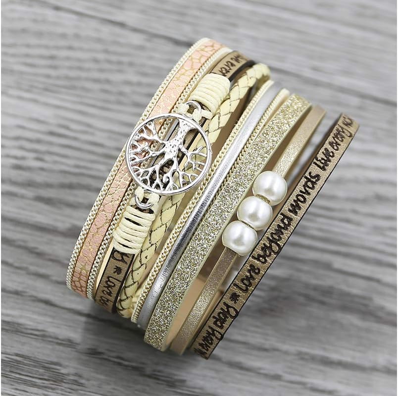 Fesciory Leopard Bracelet for Women, Boho Leather Wrap Multi-Layer Pearl Crystal Bracelet Bangle Jewelry