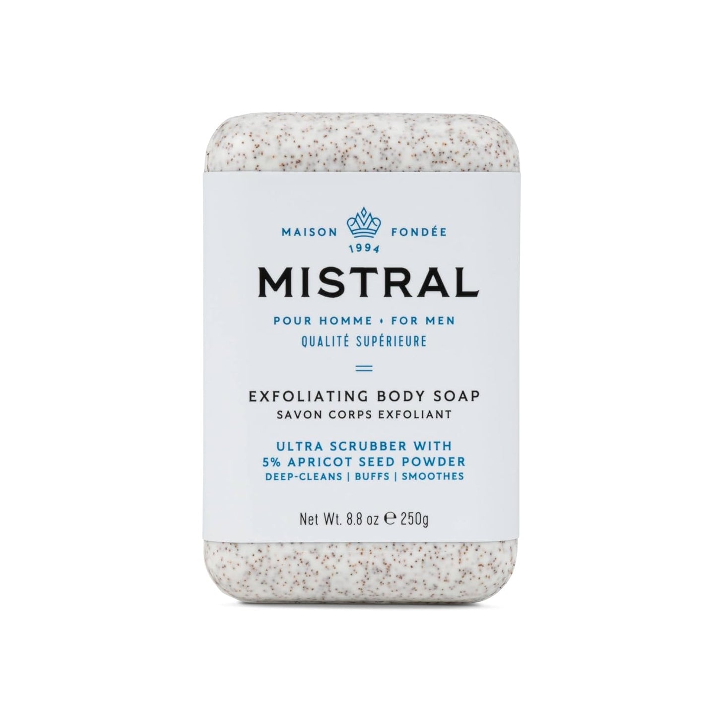 Mistral Exfoliating Bar Soap for Men - 8.8 oz | Luxury French Scrub Bar with Apricot Seed Powder, Marine Minerals, Shea Butter, pH‑Balanced, Sulfate‑Free, Daily Use | Natural Men's Body Soap