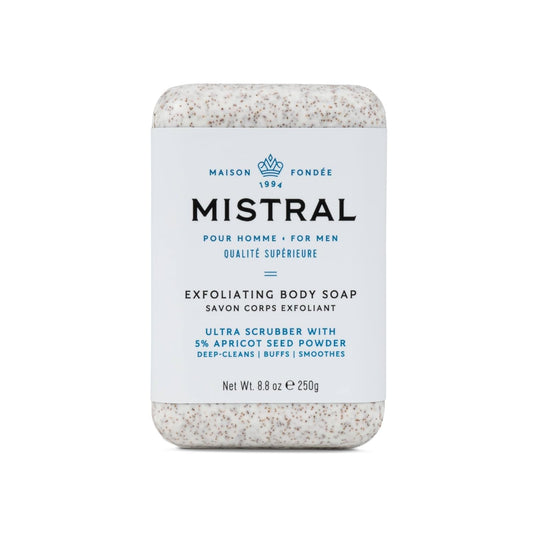 Mistral Exfoliating Bar Soap for Men - 8.8 oz | Luxury French Scrub Bar with Apricot Seed Powder, Marine Minerals, Shea Butter, pH‑Balanced, Sulfate‑Free, Daily Use | Natural Men's Body Soap