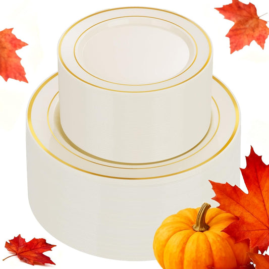 U-QE 100pcs Thanksgiving Plastic Plates for Party - Ivory Gold Plastic Plates Disposable Heavy Duty - Include 50 10" Dinner and 50 7" Dessert Plate, Perfect for Party, Wedding, Fall & Friendsgiving