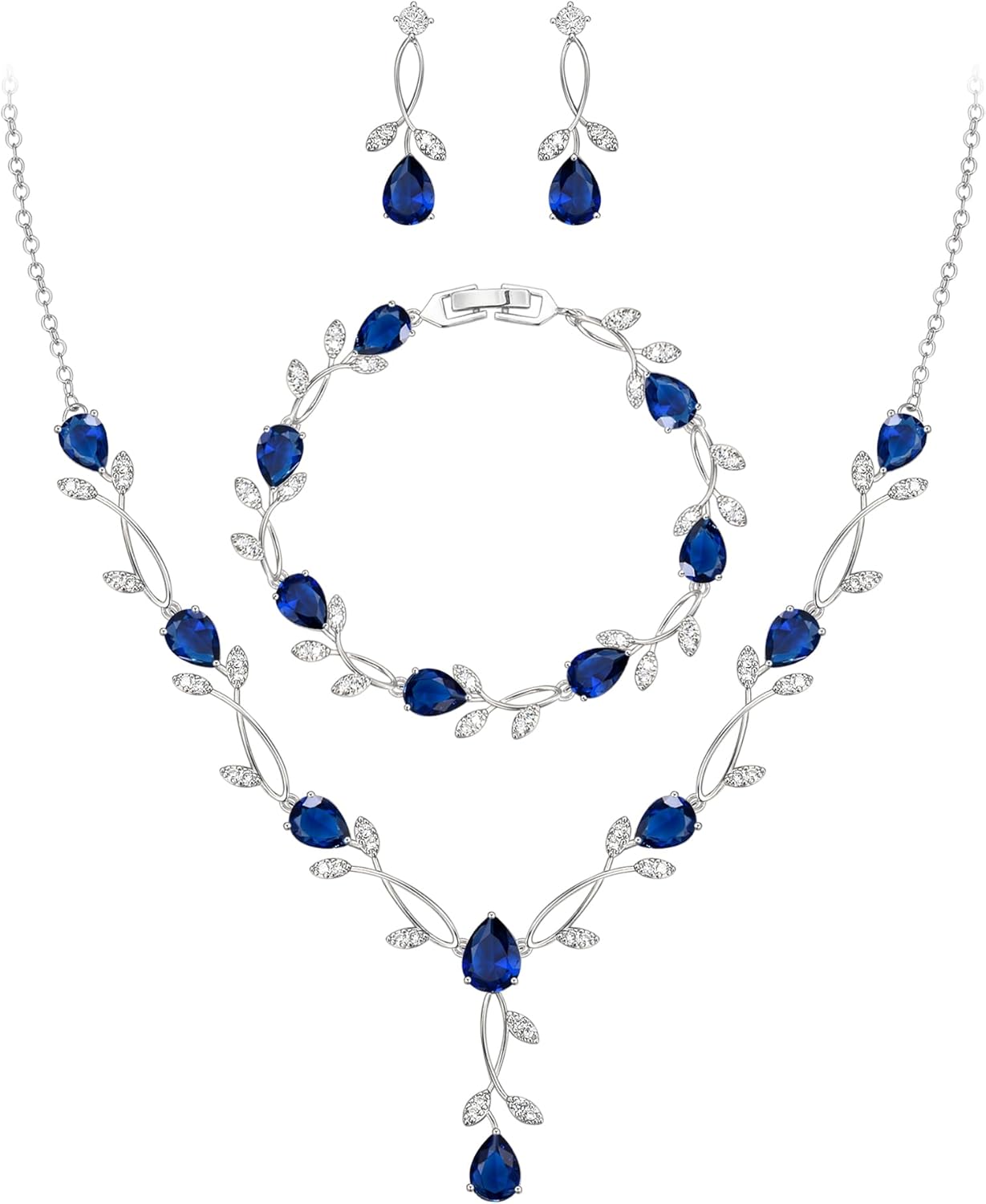 EVER FAITH Bridal Cubic Zirconia Jewelry Sets for Women, White Simulated Pearl Leaf Vine Pendant Wedding Party Necklace Earrings Set for Bridesmaid Bride