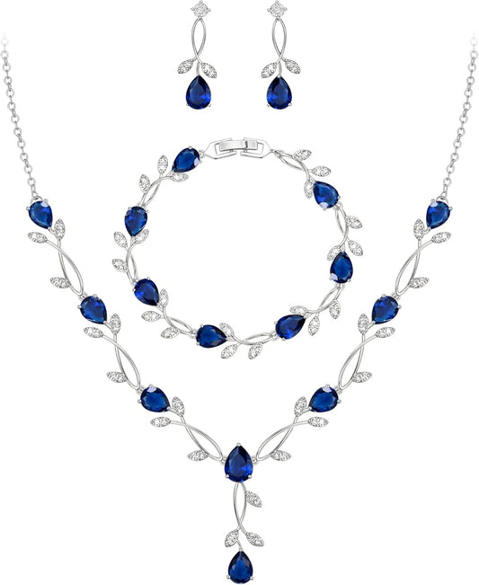 EVER FAITH Bridal Cubic Zirconia Jewelry Sets for Women, White Simulated Pearl Leaf Vine Pendant Wedding Party Necklace Earrings Set for Bridesmaid Bride