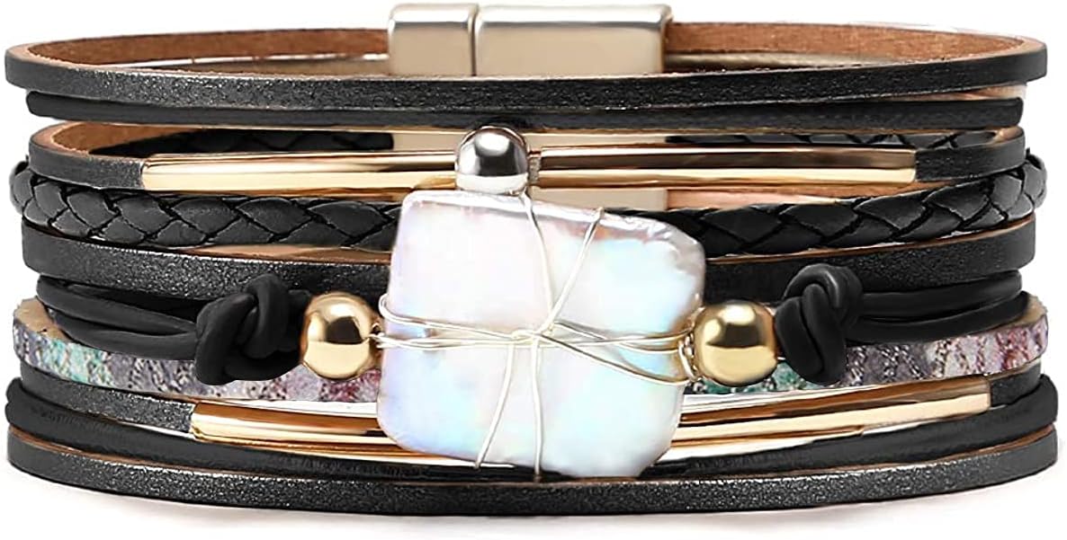 Fesciory Leather Wrap Bracelets for Women, Boho Leopard Multi-Layer Crystal Beads Cuff Bracelet Jewelry