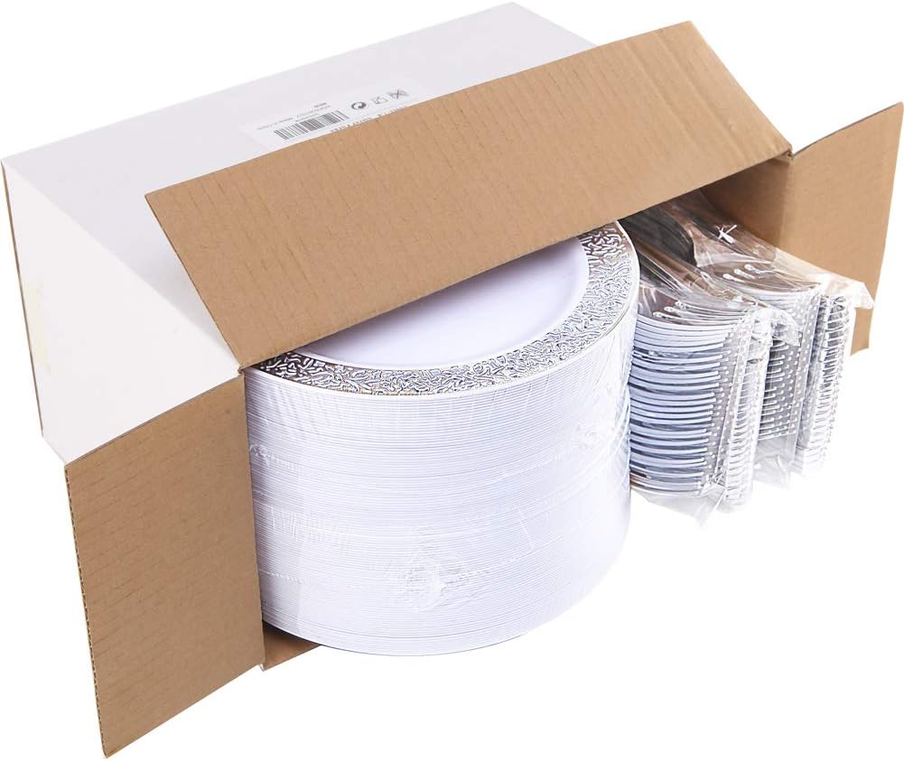 WDF 100pcs Silver Plastic Dessert Plates 7.5" with 100 Pieces Disposable Forks 7.4", Silver Plates Appetizer Plates Small Plates, Fancy Salad Plate and Cake Plate for Christmas Party/Wedding