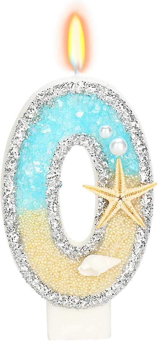 0 Birthday Candle for Cake, Beach Starfish Sequins Number Cake Candles, 2.76 inch Number 0 Happy Birthday Candle, Cake Topper Decoration for Birthday Party (Number 0)