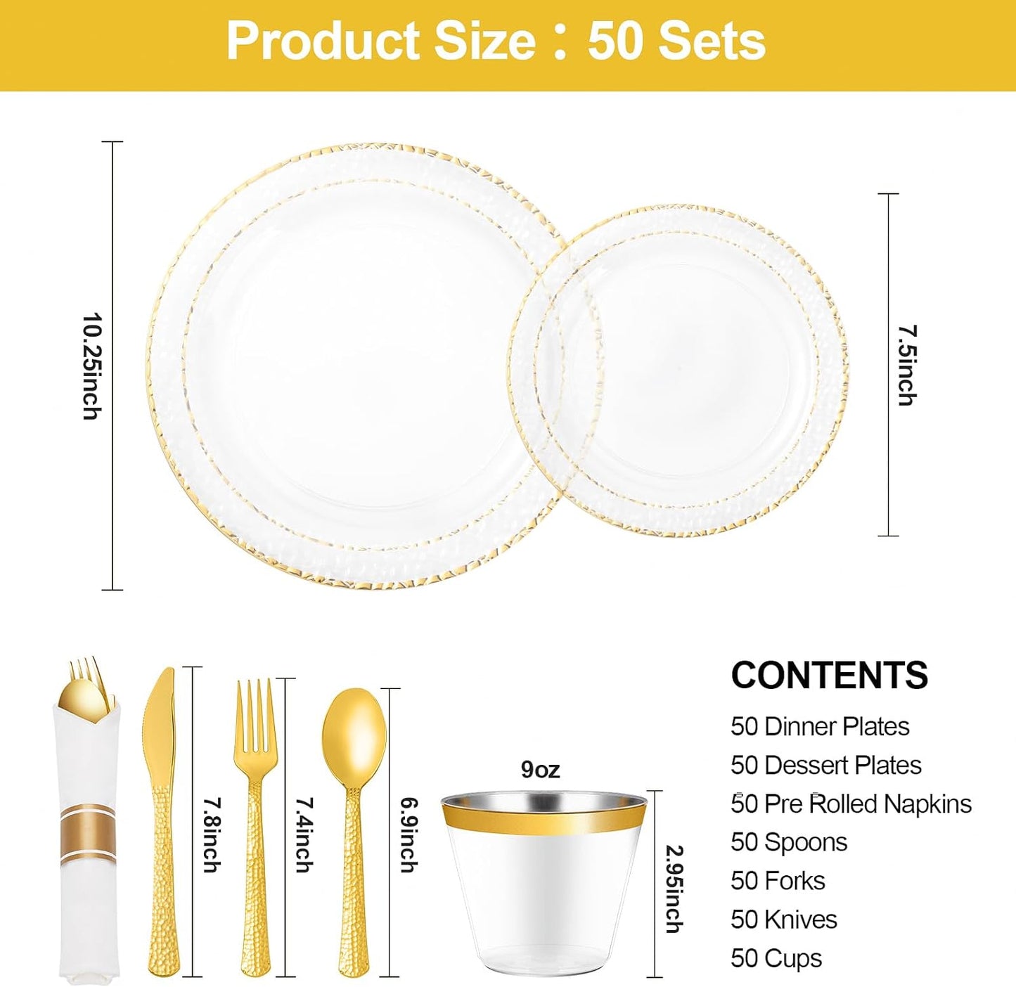 350PCS Clear Plastic Plates with Gold Trim for 50 Guests, Disposable Dinnerware Set for Party & Wedding, Includes 100 Plastic Plates, 50 Pre Rolled Napkins with Gold Silverware, 50 Cups