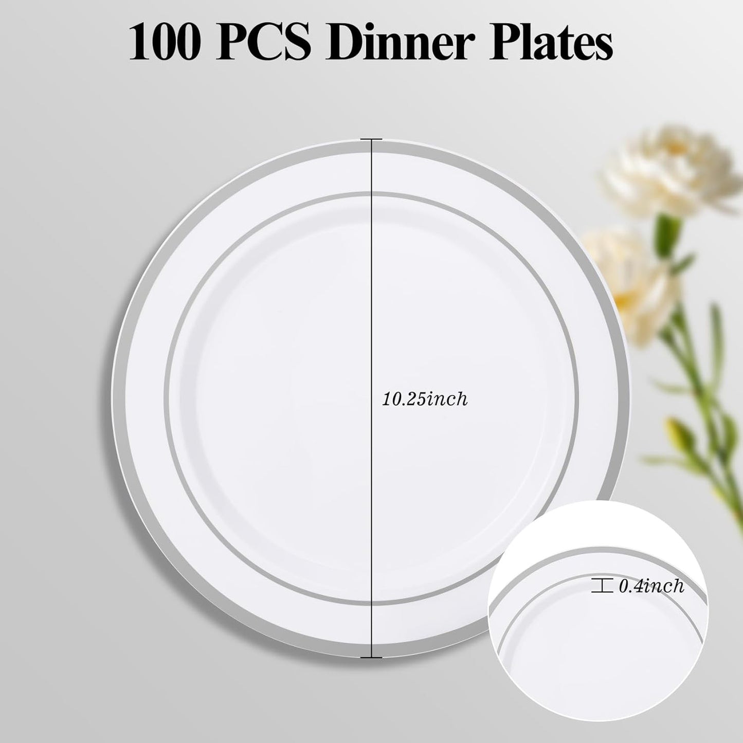 Goodluck 100PCS Silver Plastic Plates, 10.25 Inch Dinner Plate with Silver Rim, Heavy Duty Disposable Plastic Plates for Party, Wedding, Birthday & Daily Use