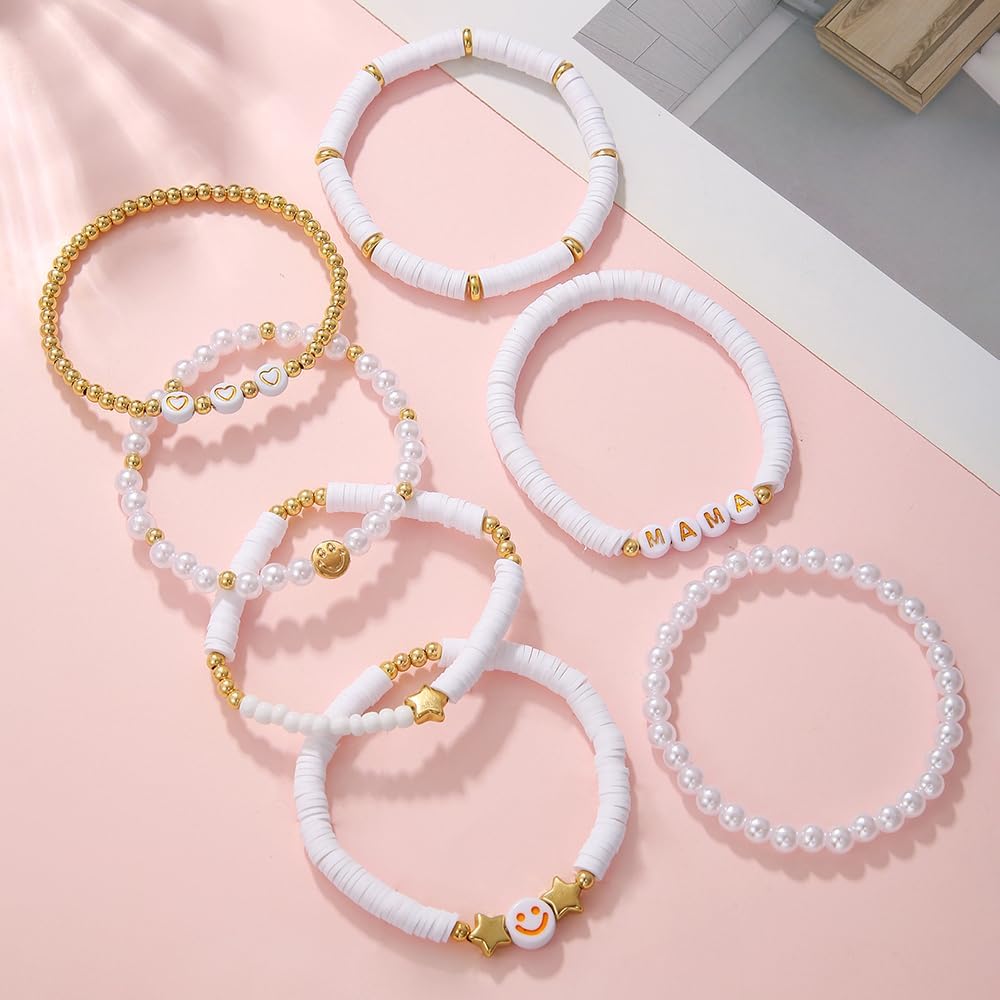 Friendship Bracelets for Women - Heishi Surfer Colorful Smile Evil Eye Clay Beaded Stretch Bracelets Elastic Layering - Stackable Boho Disc Y2K Aesthetic Summer Jewelry Set.