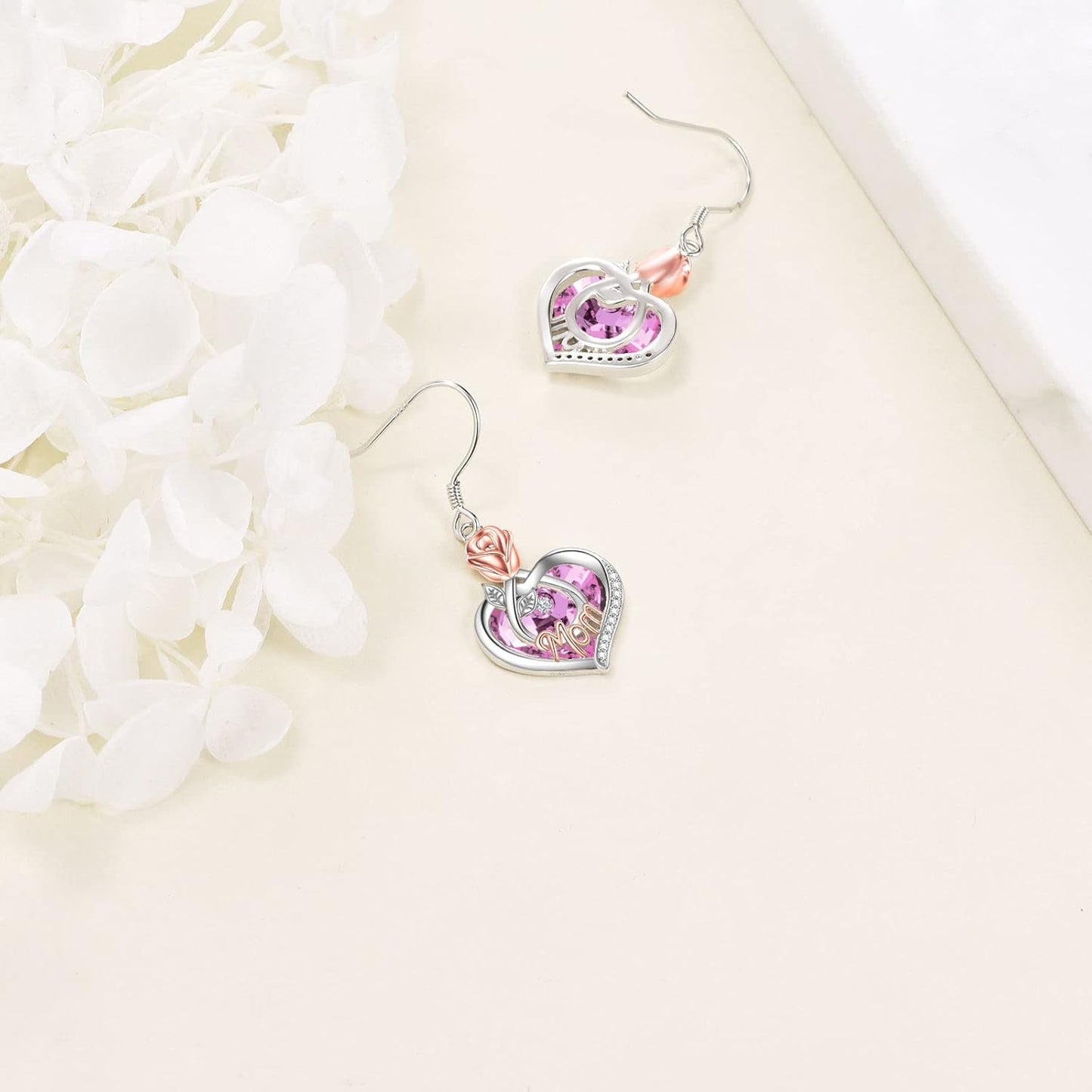 Mom Earrings with Rose Flower Love Heart 925 Sterling Silver Crystal Dangle Drop Hook Earrings Jewelry