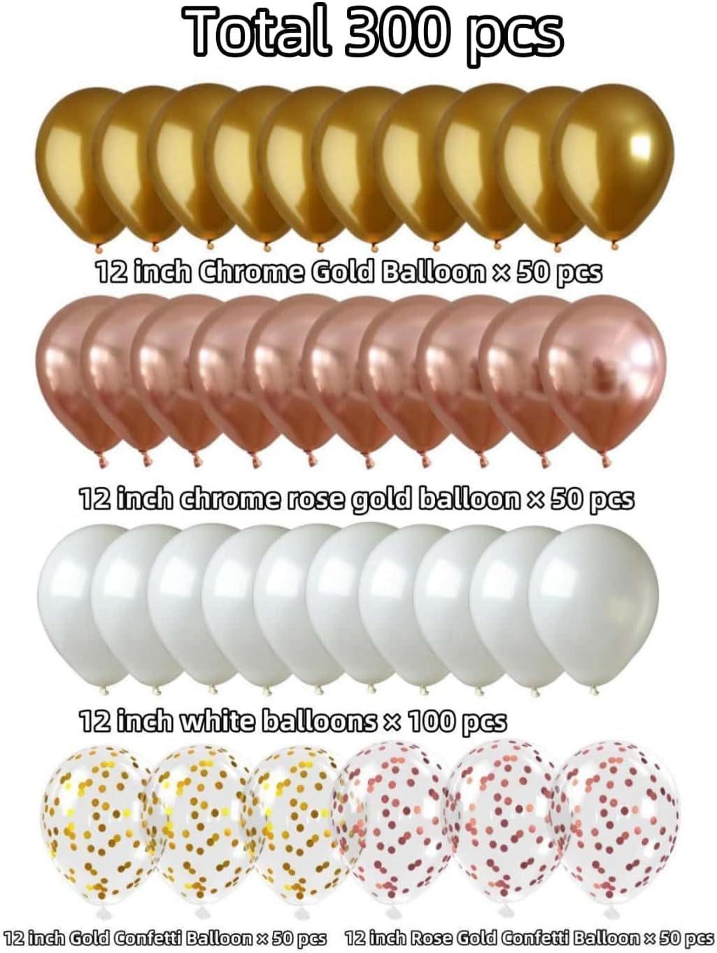 300 Pcs Rose Gold Confetti Balloons Set Lncludes 12 inch Gold White Rose Gold and Confetti Balloons, for Wedding, Graduation, Birthday Party Various Event Decorations