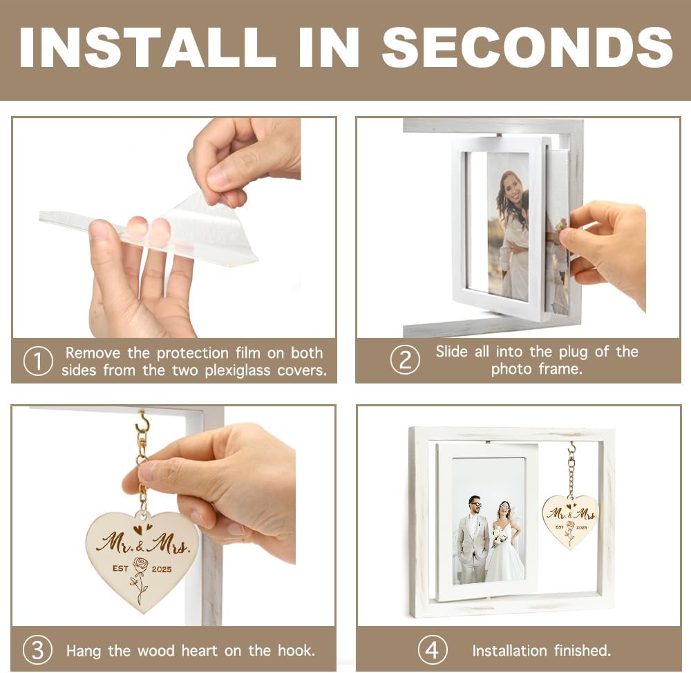 Rotating Wedding EST 2025 Picture Frame 4x6, Mr & Mrs Gifts, Bridal Shower & Engagement Gifts for Couples & Newlyweds