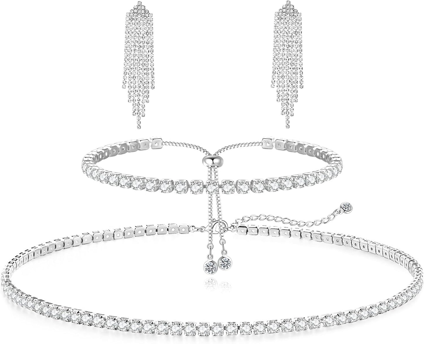 Tennis Necklace Bracelet for Women, Sterling Sliver, Dainty Chocker Necklace, Crystal Bracelet for Women, Wedding Jewelry for Bride, Sparkly Party Prom Hypoallergenic