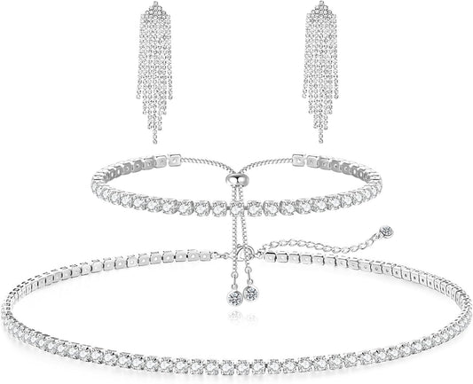 Tennis Necklace Bracelet for Women, Sterling Sliver, Dainty Chocker Necklace, Crystal Bracelet for Women, Wedding Jewelry for Bride, Sparkly Party Prom Hypoallergenic