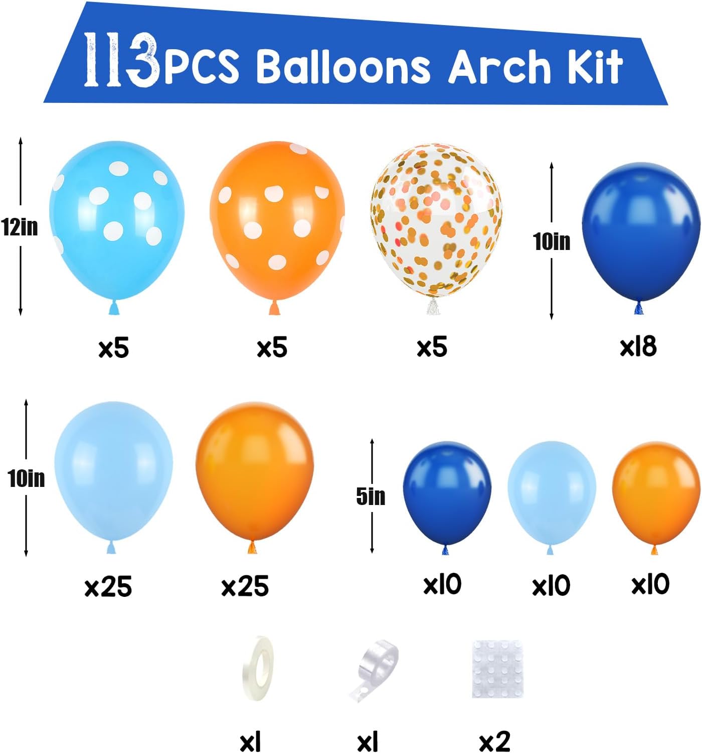 Paready Blue and Orange Balloon Arch Kit, 113Pcs Royal Blue Balloon Garland Light Blue and Orange Polka Dot Party Balloons Confetti Balloons for Birthday Party Baby Shower Wedding