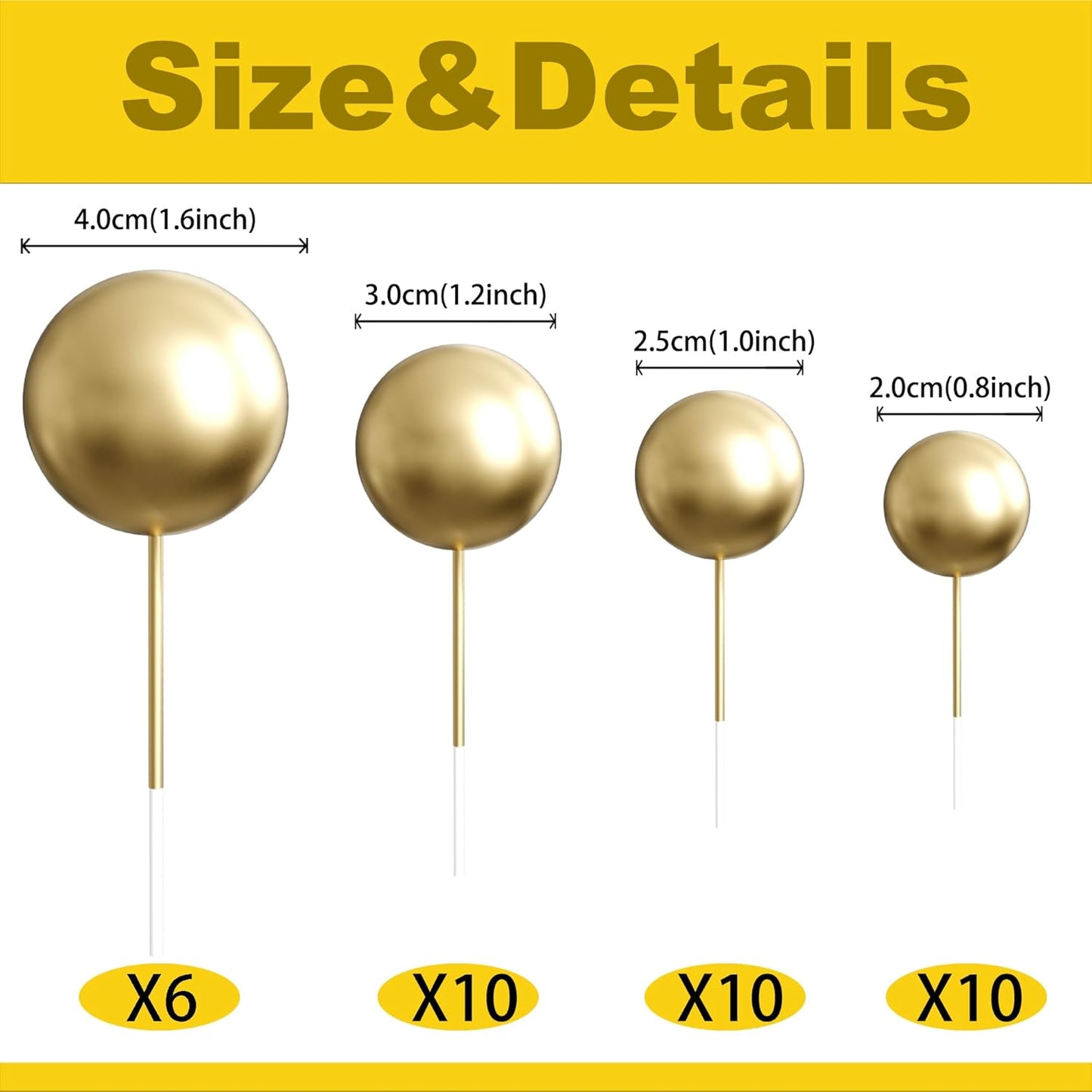 36 Pack Gold Balls Cake Topper Decorations Foam Balloons Cake Decorations Sticks Mini Balloons Cake Toppers Balls Cake Picks for Baby Shower Wedding Anniversary Birthday Party Decorations