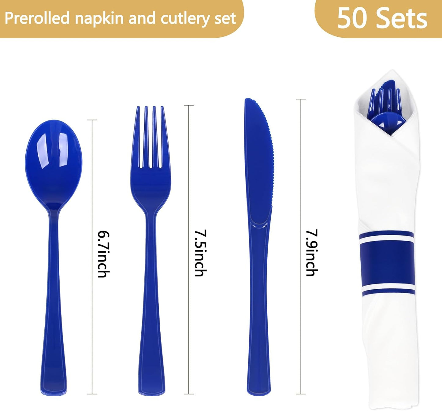 50 Pack Pre Rolled Blue Plastic Silverware Set,Wrapped Plastic Cutlery Set with Napkin Include 50 Forks,50 Spoons,50 Knives and 50 White Napkins for Party,Wedding