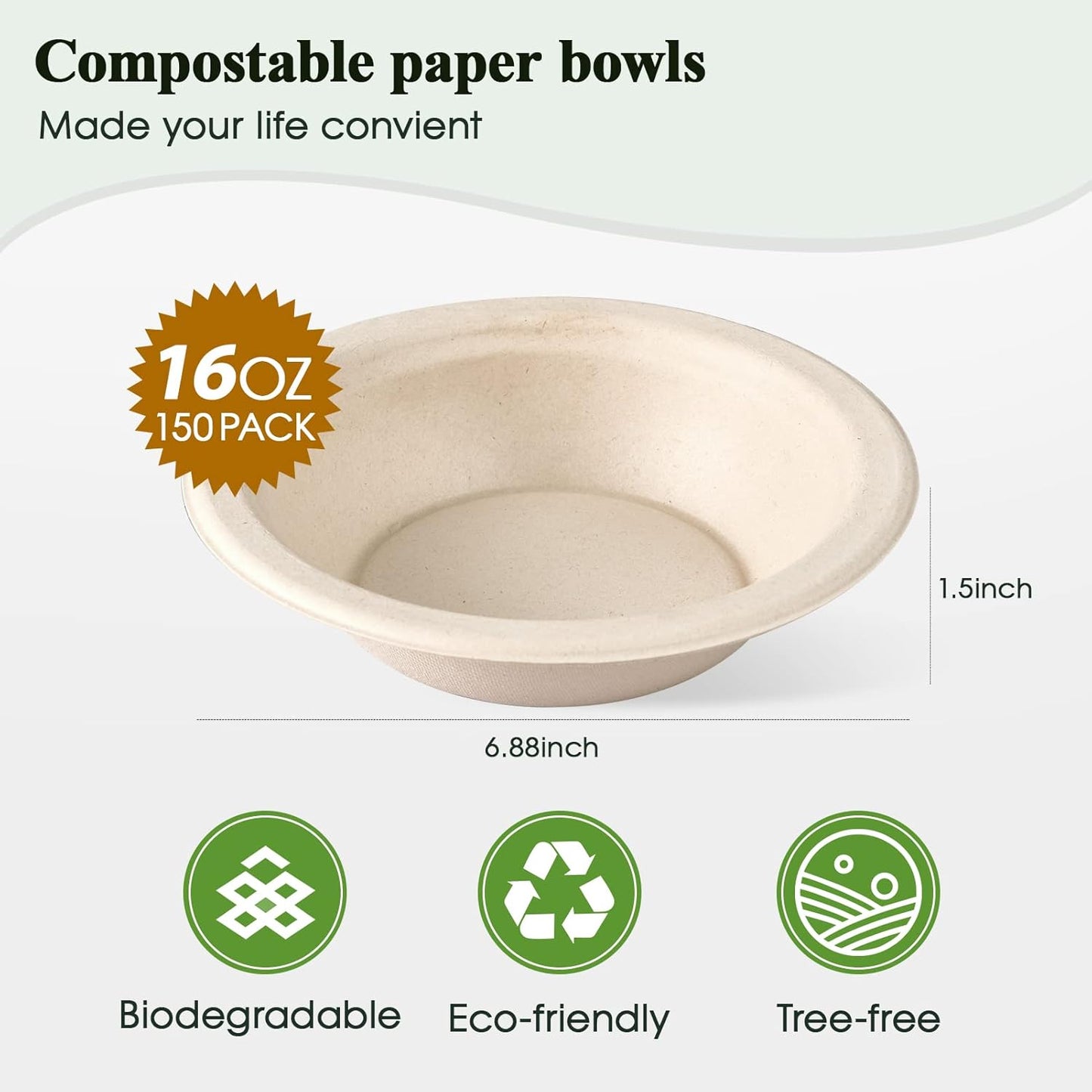 ECOLipak 150 Pack Compostable Disposable Paper Bowls, 16 OZ Bagasse Heavy duty Biodegradable Eco Friendly Sugarcane Soup Bowls for Salad Dessert(Nature)