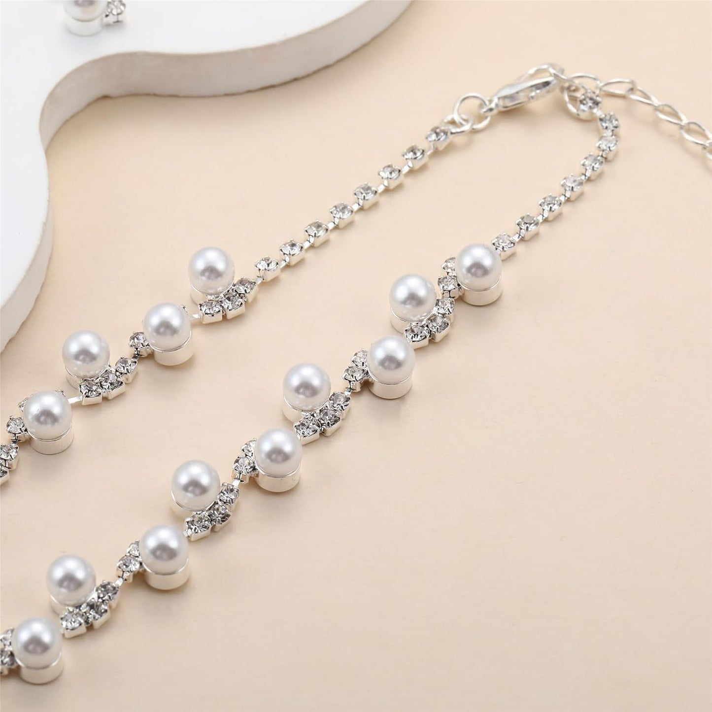 la luen Pearl Bride Wedding Jewelry Set Faux Pearls Crystal Rhinestone Necklace Earrings Bracelet Sets for Women Bridesmaid(3 PCS)