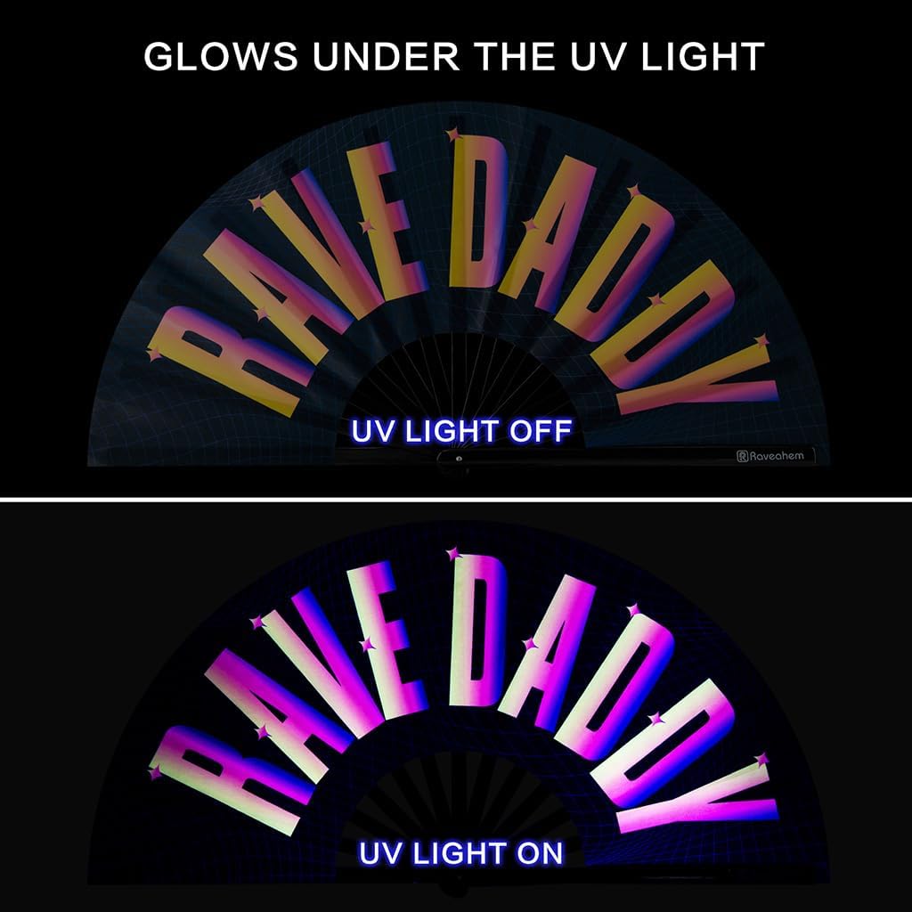 UV Glow Rave Fan, Bamboo Folding Clack Hand Fans Foldable for Men Women, Boots on the Ground Poping Fan for EDM Festival Line Dance Decoration, (Rave Daddy, Large 13")