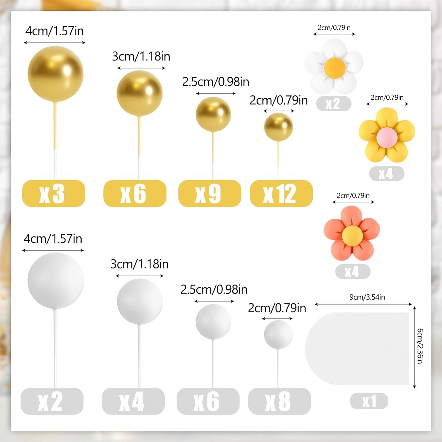 61 Pcs Boho Cake Topper Balls Decorations Mini Balloon Retro Hippie Daisy Flower Acrylic Cake Topper for Birthday Party Wedding Rainbow Baby Shower (White Gold)