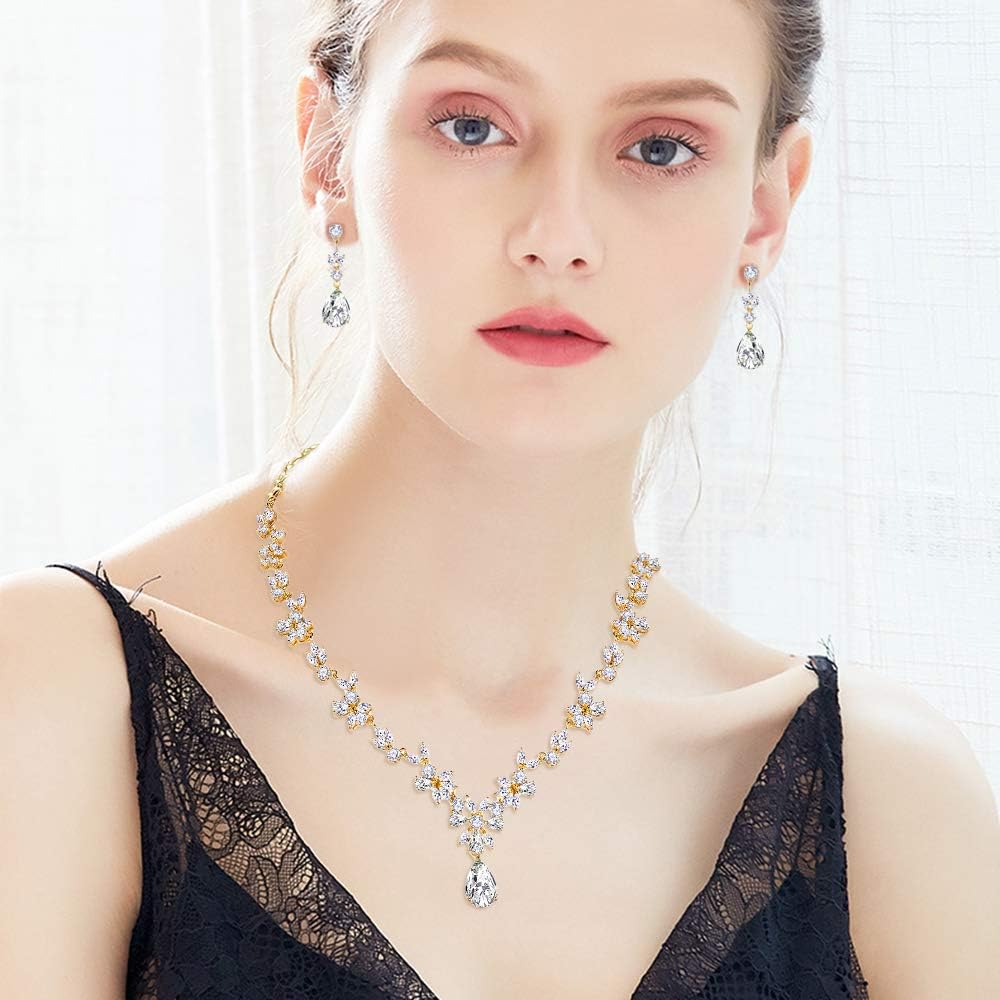 Hadskiss Jewelry Set for Women, Necklace Dangle Earrings Bracelet Set with White AAA Cubic Zirconia, Allergy Free Wedding Party Jewelry for Bridal Bridesmaid