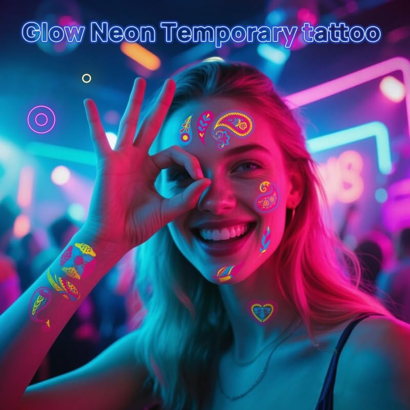 160 PCS Glow in The Dark Temporary Tattoos - Neon UV Blacklight Reactive Light Face Flash Tattoo Stickers,Festival Accessory Party Favors Supplies,Temp Great for EDM EDC Party Rave Parties 20 Sheet