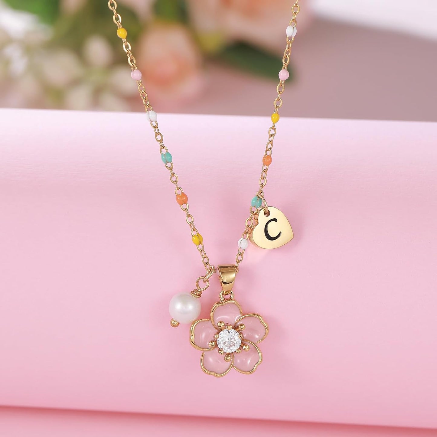 DS Flower Girl Necklace Gifts |Heart Initial Letter Flower Necklaces with Pearl Charm for Women | Personalized Wedding Proposal Bridal Shower Party Jewelry Gift | 18K Gold Plated Stainless Steel