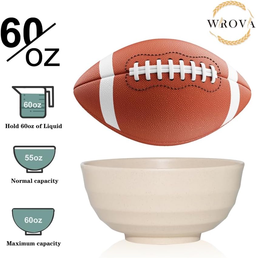 Wrova Wheat Straw Bowls Set 60 OZ, Unbreakable Large Beige Bowls Set of 6, Microwave & Dishwasher Safe Big Cereal Bowl for Picnic and Party BPA Free Salad Bowl for Serving Oatmeal and Popcorn (Beige)